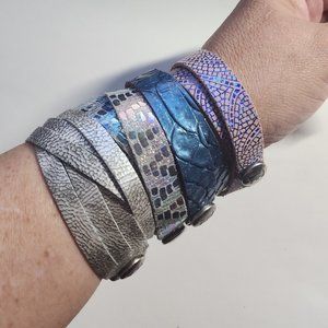 Bundle of 4 Flourish Leather Bracelets in purple, blue, platinum, oil slick - XL